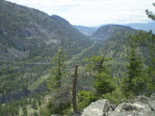 At peak looking south at a valley between mountains, Eagle Bluff Trail 2013-05.